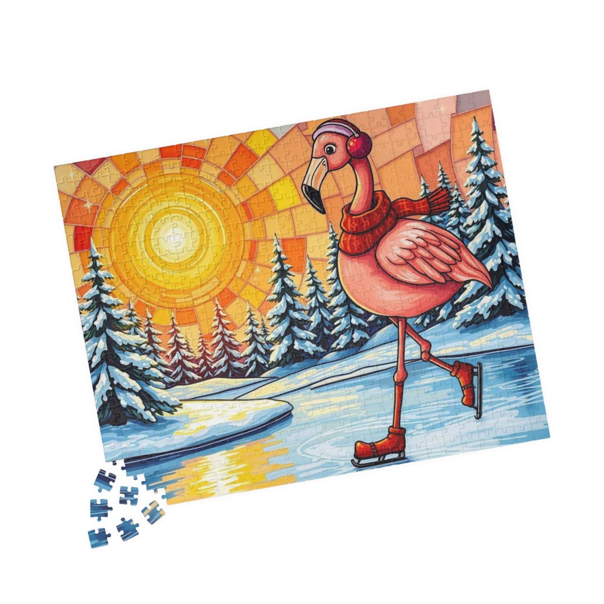 Skating Flamingo Winter Jigsaw Puzzle, Fun Family Activity, Best Birthday Gift for Bird Lovers, Unique Holiday Entertainment, Brain Teaser