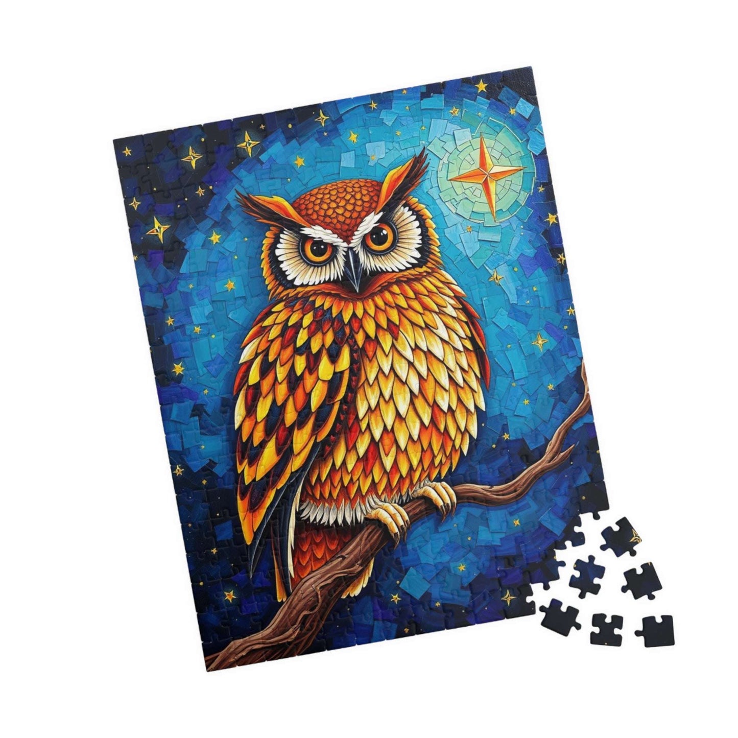 Mosaic Wise Owl Jigsaw Puzzle, Hooter Night Bird Perched on Tree Branch, Starry Sky Background, 110-1014 Piece, Animal Lover Gift, Mindful Puzzle The Puzzle Chest