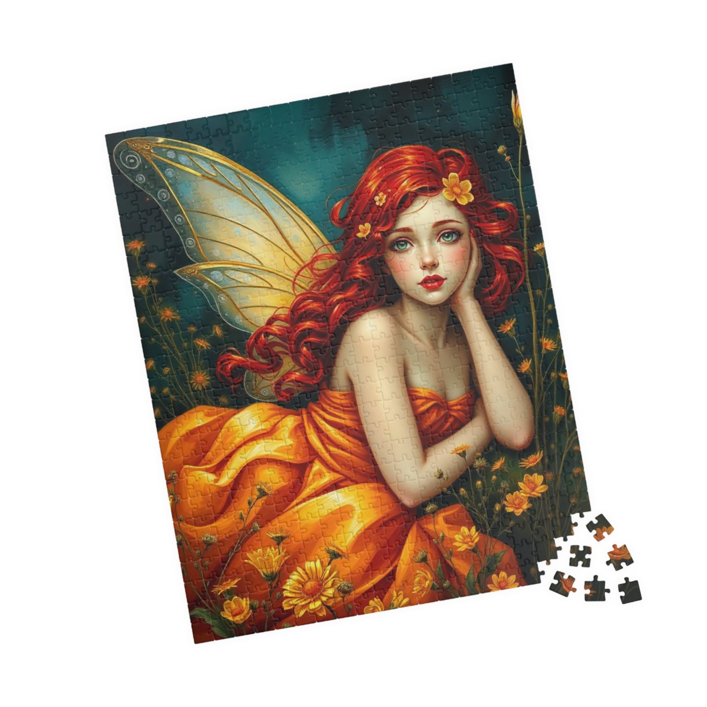Fairy Dreamscape Jigsaw Puzzle - Red Haired Fairy in Night Wildflower Field 110-1014 Piece Mindful Gift for Family, Friend, Hospital Patient