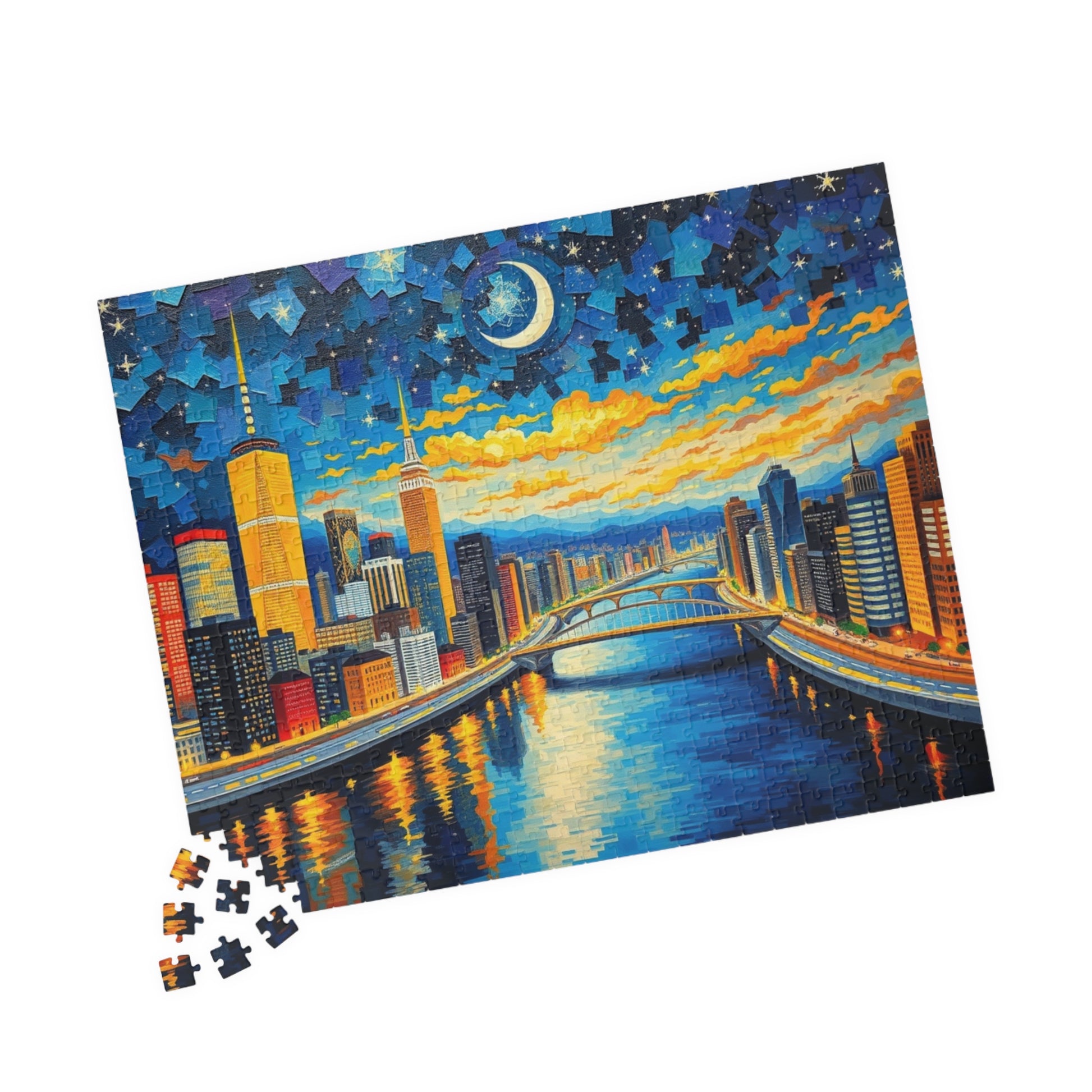 Vibrant City at Night Mosaic Puzzle, Illuminated Skyscraper View, Bustling Urban City Lights Nightscape Jigsaw Game, Fun Family Game Night Puzzle The Puzzle Chest
