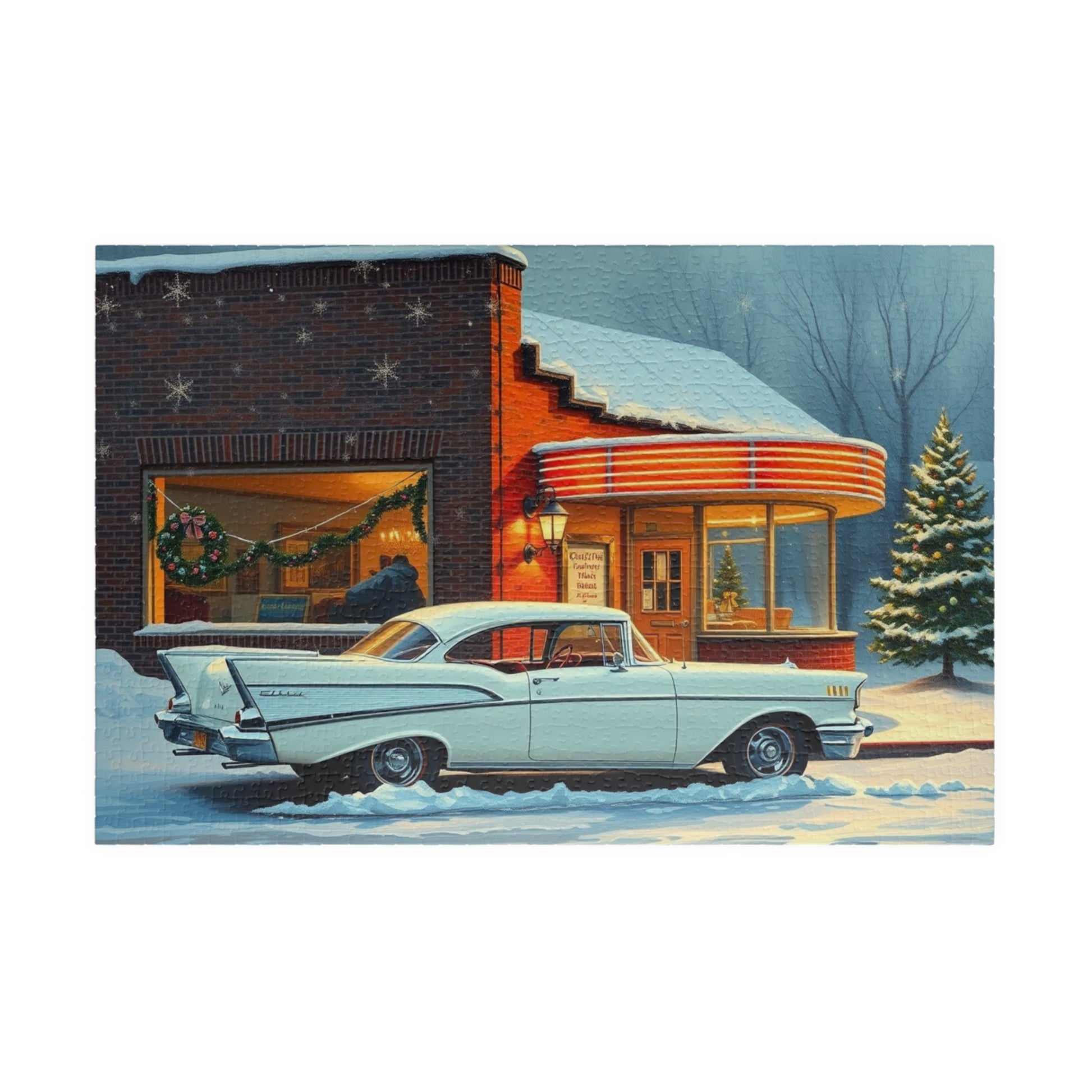 Vintage Car Puzzle - Winter Scene, Nostalgic Classic 1957 Bel Air Jigsaw Game 1014 pcs (Horizontal) Puzzle The Puzzle Chest