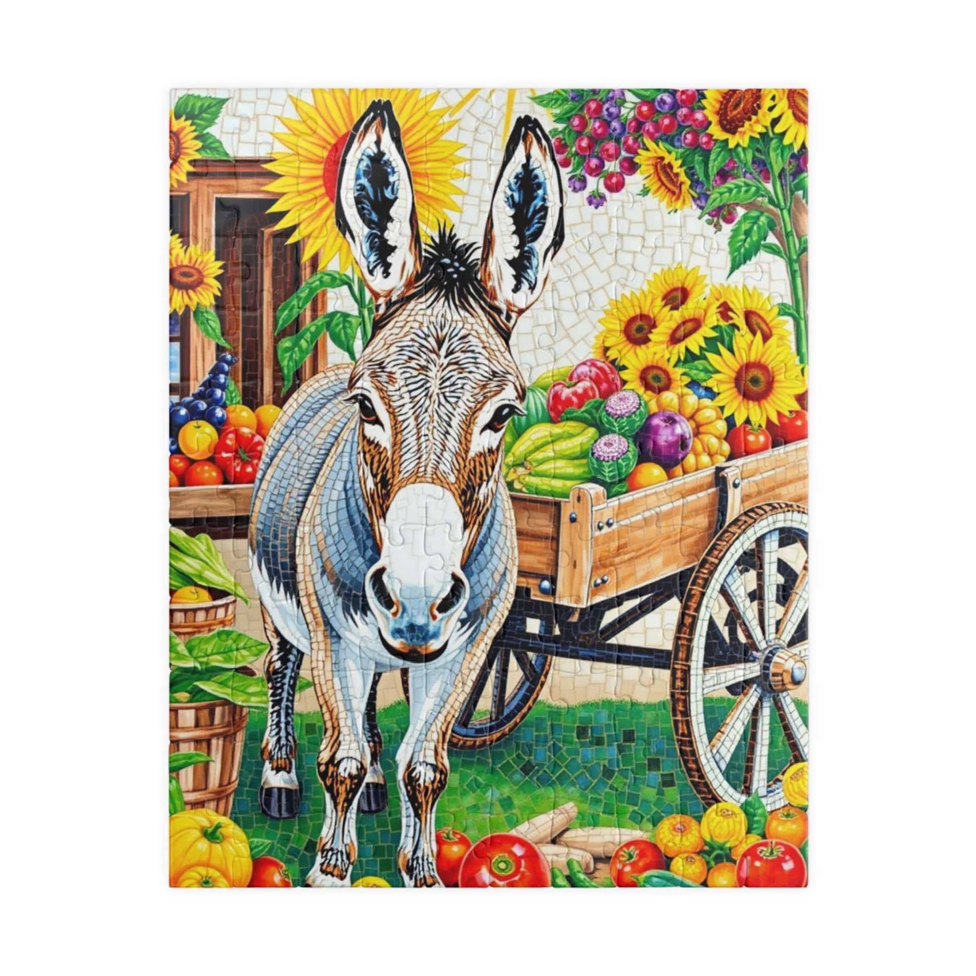 Mosaic Donkey Jigsaw Puzzle, Farm Animal Puzzle with Rustic Cart and Fresh Produce, Countryside Farm Scene for Animal Lovers, Relaxing Fun 110 pcs (Vertical) Puzzle The Puzzle Chest
