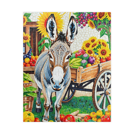 Mosaic Donkey Jigsaw Puzzle, Farm Animal Puzzle with Rustic Cart and Fresh Produce, Countryside Farm Scene for Animal Lovers, Relaxing Fun 110 pcs (Vertical) Puzzle The Puzzle Chest