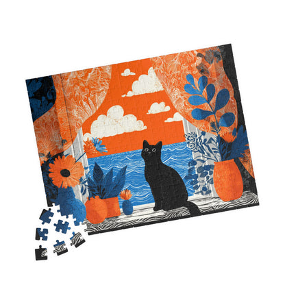 Black Cat by the Open Window – Fauvist Interior Cat Jigsaw Puzzle, Animal Theme Seaside Art Puzzle, Matisse-Inspired 252 pcs (Horizontal) Puzzle The Puzzle Chest