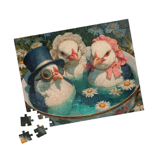 Whimsical Wildflower Field Tea Chicken Puzzle – Three Fancy Chickens in Giant Teacup Bath with Flowers, Fairy-Tale Farm Animal Jigsaw 110 pcs (Horizontal) Puzzle The Puzzle Chest