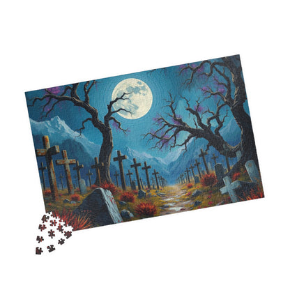 Moonlit Crosses Jigsaw Puzzle - Abandoned Cemetery, Gothic Art Print, Gothic Landscape, Spooky Graveyard Puzzle Lover Dark Fantasy Gift Idea Puzzle The Puzzle Chest