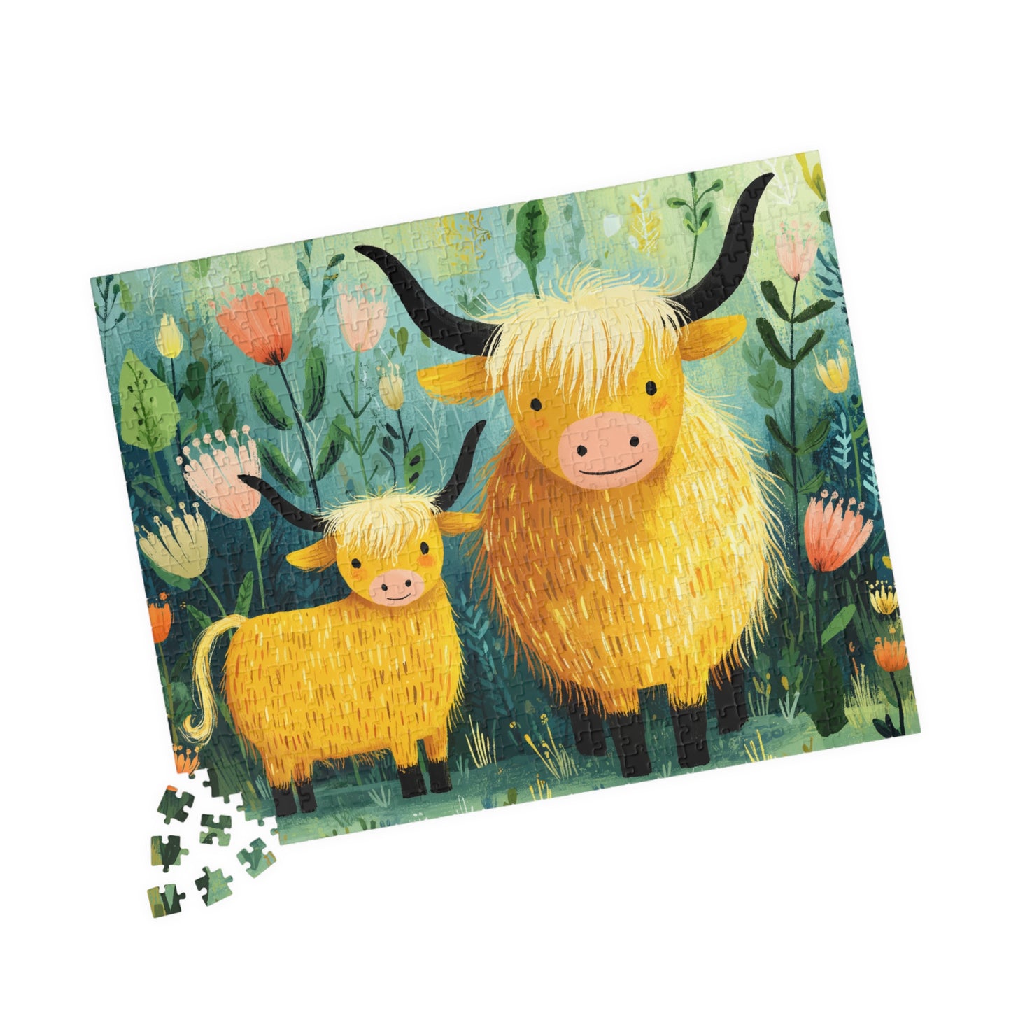 Highland Cow Family Puzzle 110/252/520/1014 Piece | Cute Mother and Calf Floral Jigsaw 520 pcs (Horizontal) Puzzle The Puzzle Chest