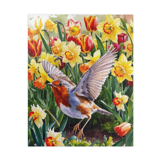 Robin Bird Flying Garden Puzzle, Tulips Daffodils Spring Landscape Jigsaw, 110 252 520 1014 Piece Game, Relaxation Hobby Gift, Nature 110 pcs (Vertical) Puzzle The Puzzle Chest