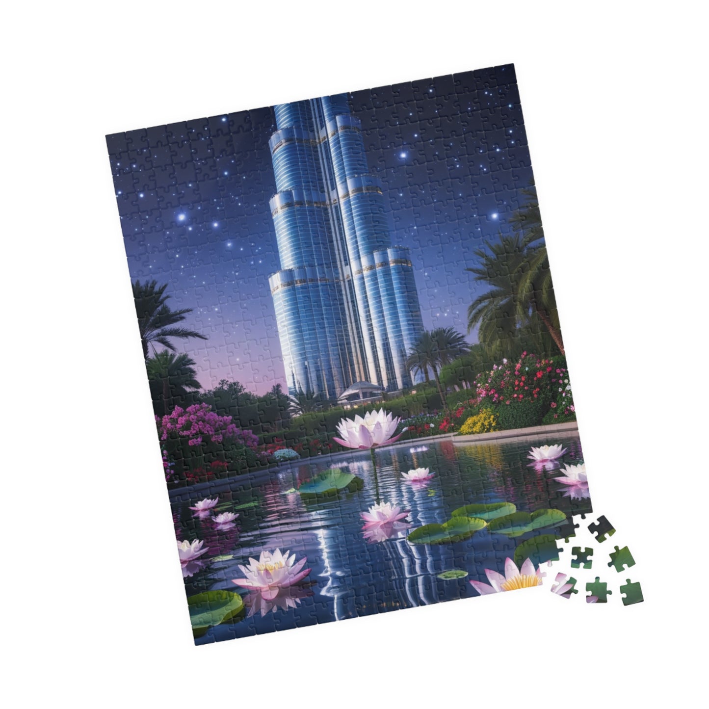 Burj Khalifa Reflections Jigsaw Puzzle, Dubai Skyline Lotus Water Lily Night Garden Landscape, Best Gift for Traveler Art Lover, Hobbyist Puzzle The Puzzle Chest