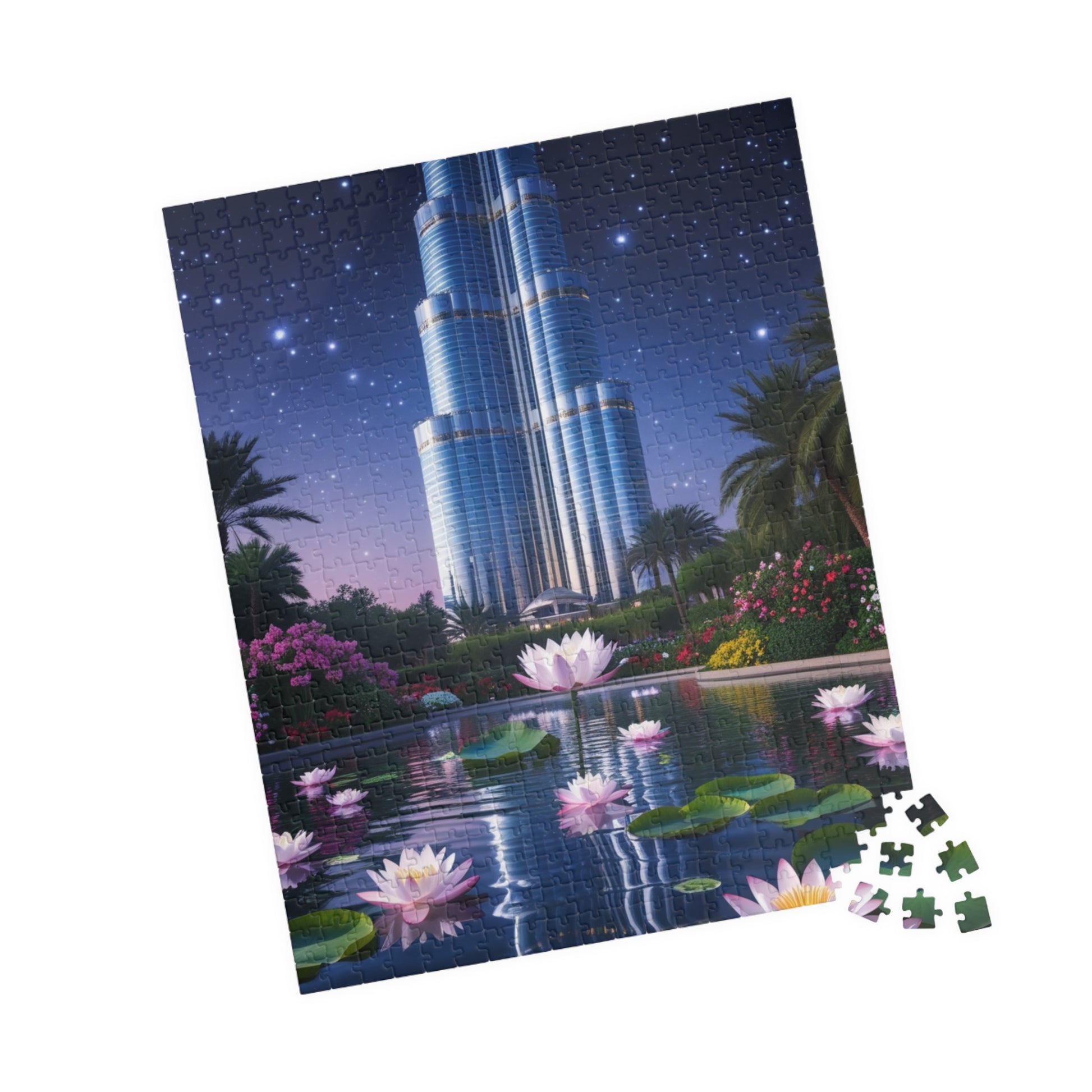 Burj Khalifa Reflections Jigsaw Puzzle, Dubai Skyline Lotus Water Lily Night Garden Landscape, Best Gift for Traveler Art Lover, Hobbyist Puzzle The Puzzle Chest