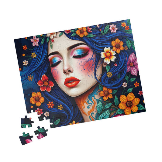 Floral Blue-Haired Woman Puzzle | Vibrant Portrait Jigsaw 110 pcs (Horizontal) Puzzle The Puzzle Chest