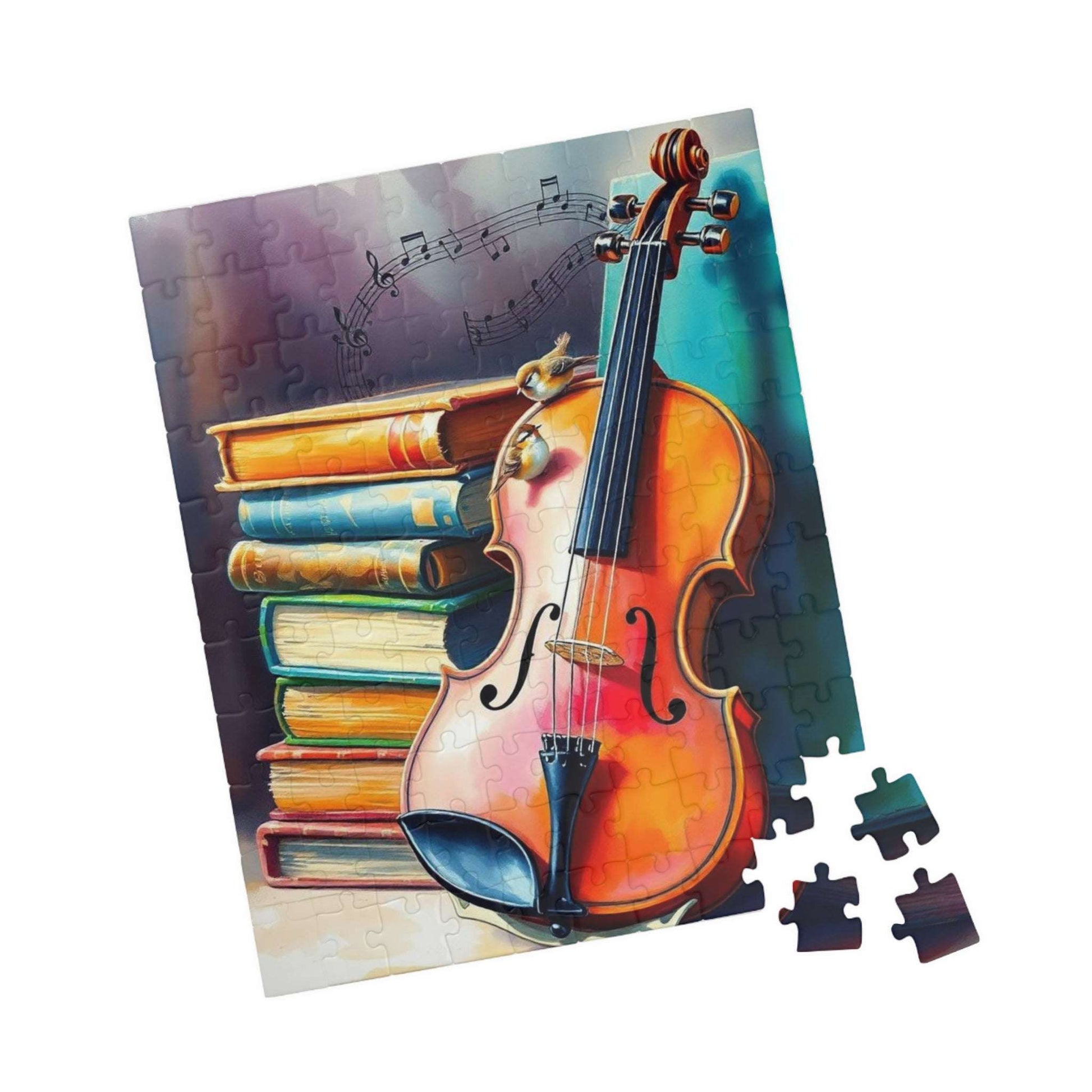 Vintage Violin and Books Jigsaw Puzzle - Musical Notes Swirl Design, Gift for Music Lover, Teacher, or Classical Fans, Entertainment Game
