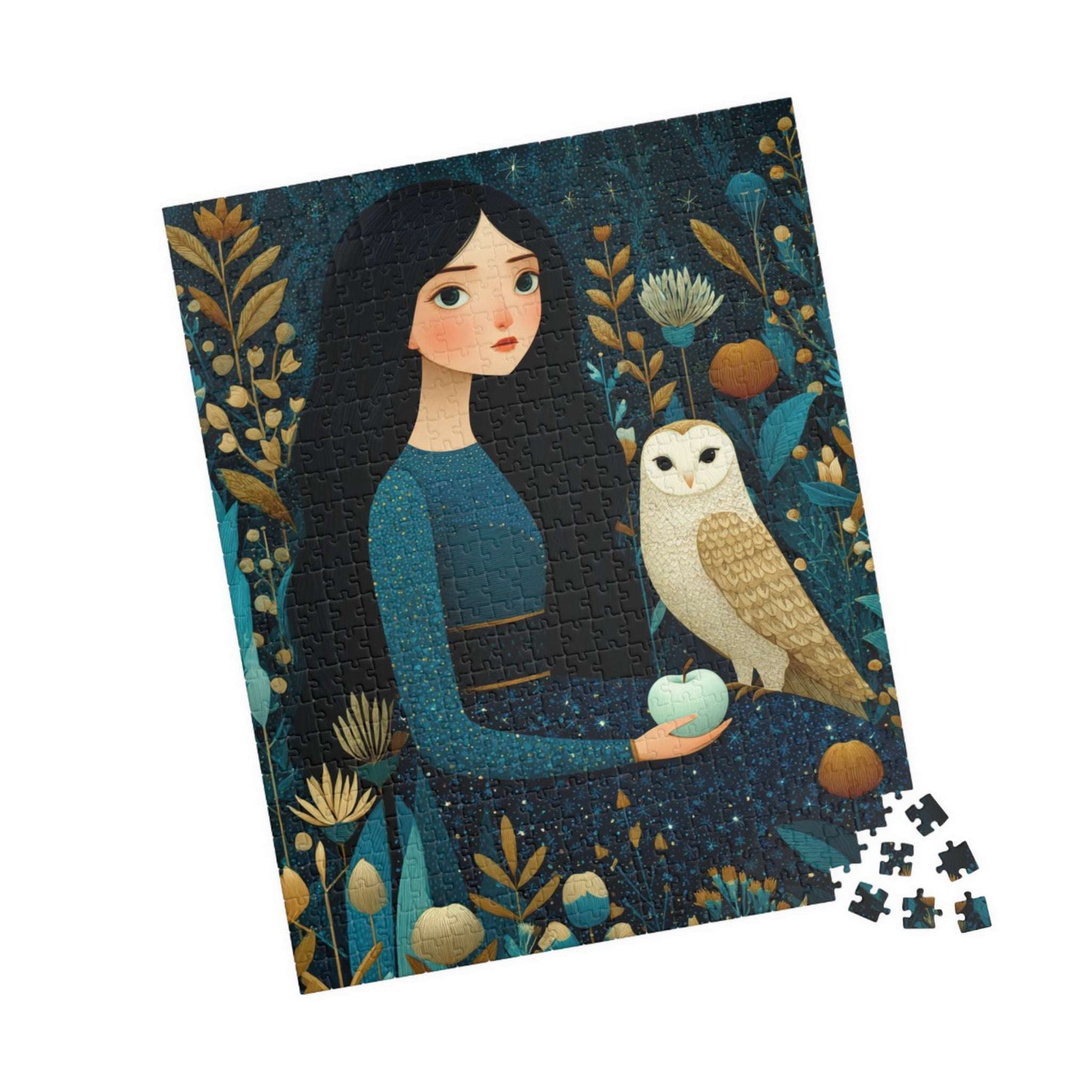 Moonlit Orchard Jigsaw Puzzle – Whimsical Autumn Puzzle for Adults, Girl with Owl and Silver Apples 520 pcs (Vertical) Puzzle The Puzzle Chest