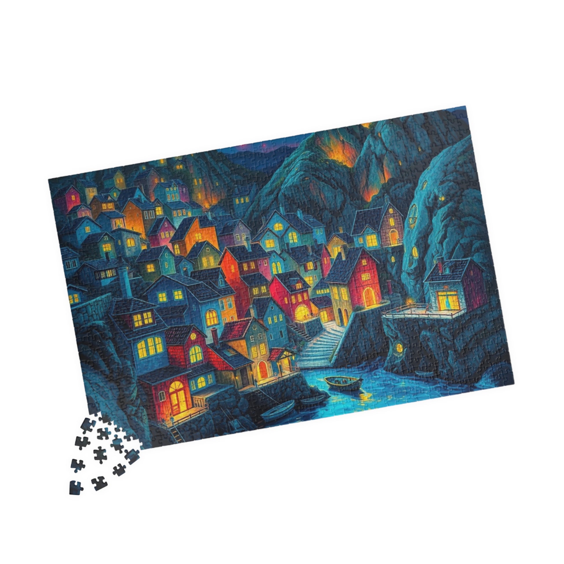 Bioluminescent 3D Village Jigsaw Puzzle for Adults, Cinematic Style with Glowing Colors and Dramatic Town Scene, Ideal Gift for Puzzle Fan The Puzzle Chest