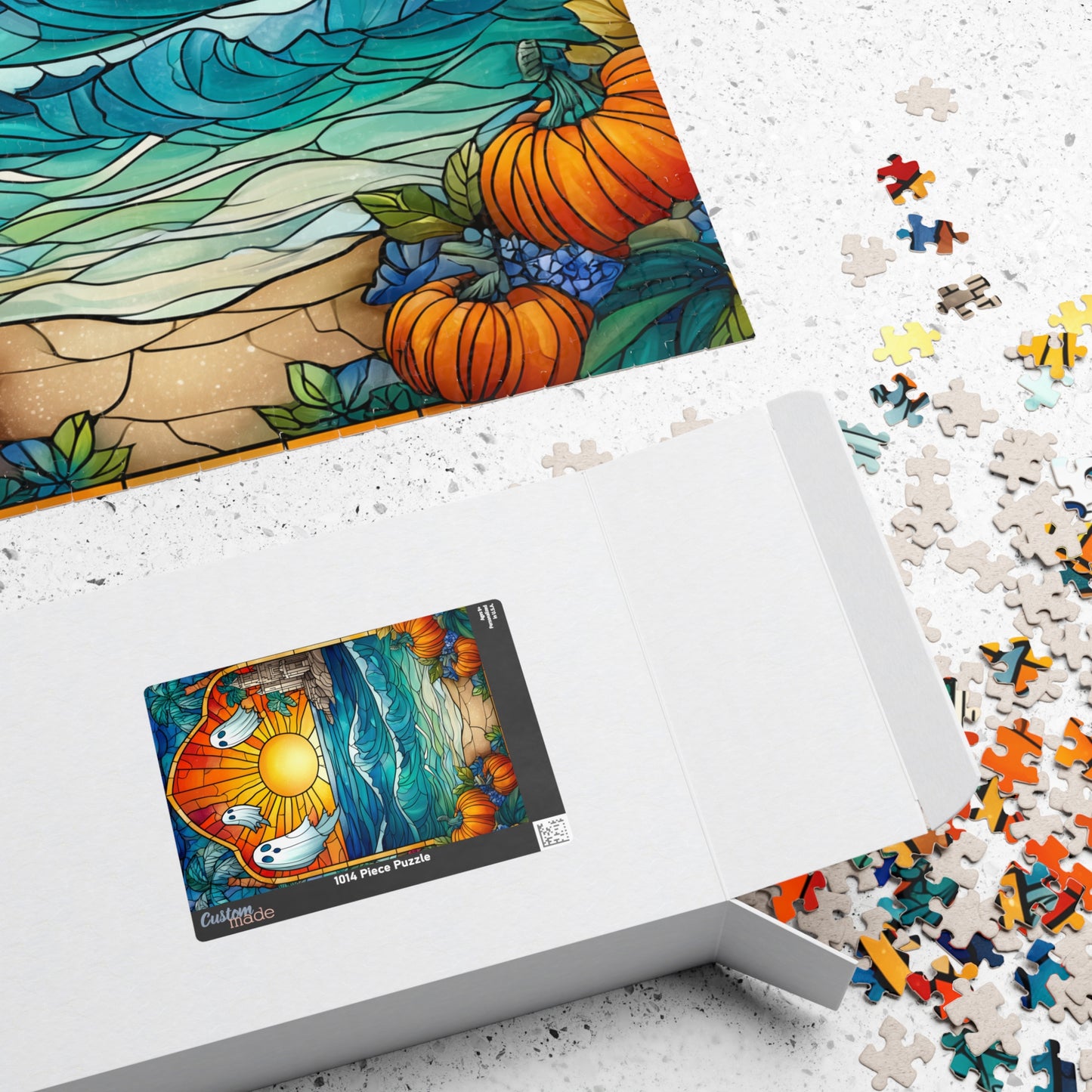 Stained Glass Style Sunset with Ghosts Puzzle | Ocean Waves, Pumpkins, Castle 110/252/520/1014-piece Puzzle The Puzzle Chest