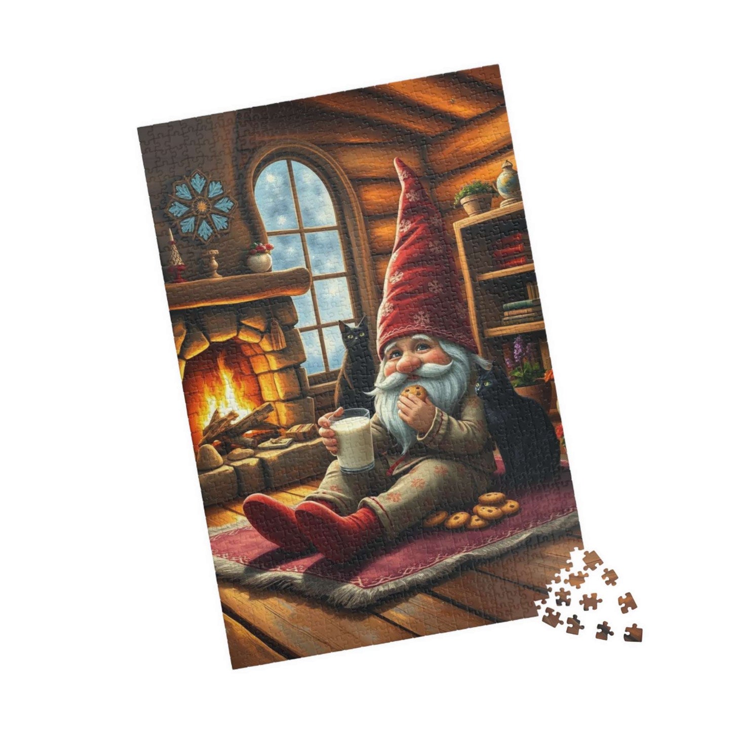 Cozy Gnome in Pajamas with Cats – Cottage Hearth Milk and Cookies Bedtime Jigsaw Puzzle 1014 pcs (Vertical) Puzzle The Puzzle Chest