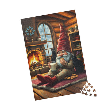 Cozy Gnome in Pajamas with Cats – Cottage Hearth Milk and Cookies Bedtime Jigsaw Puzzle 1014 pcs (Vertical) Puzzle The Puzzle Chest