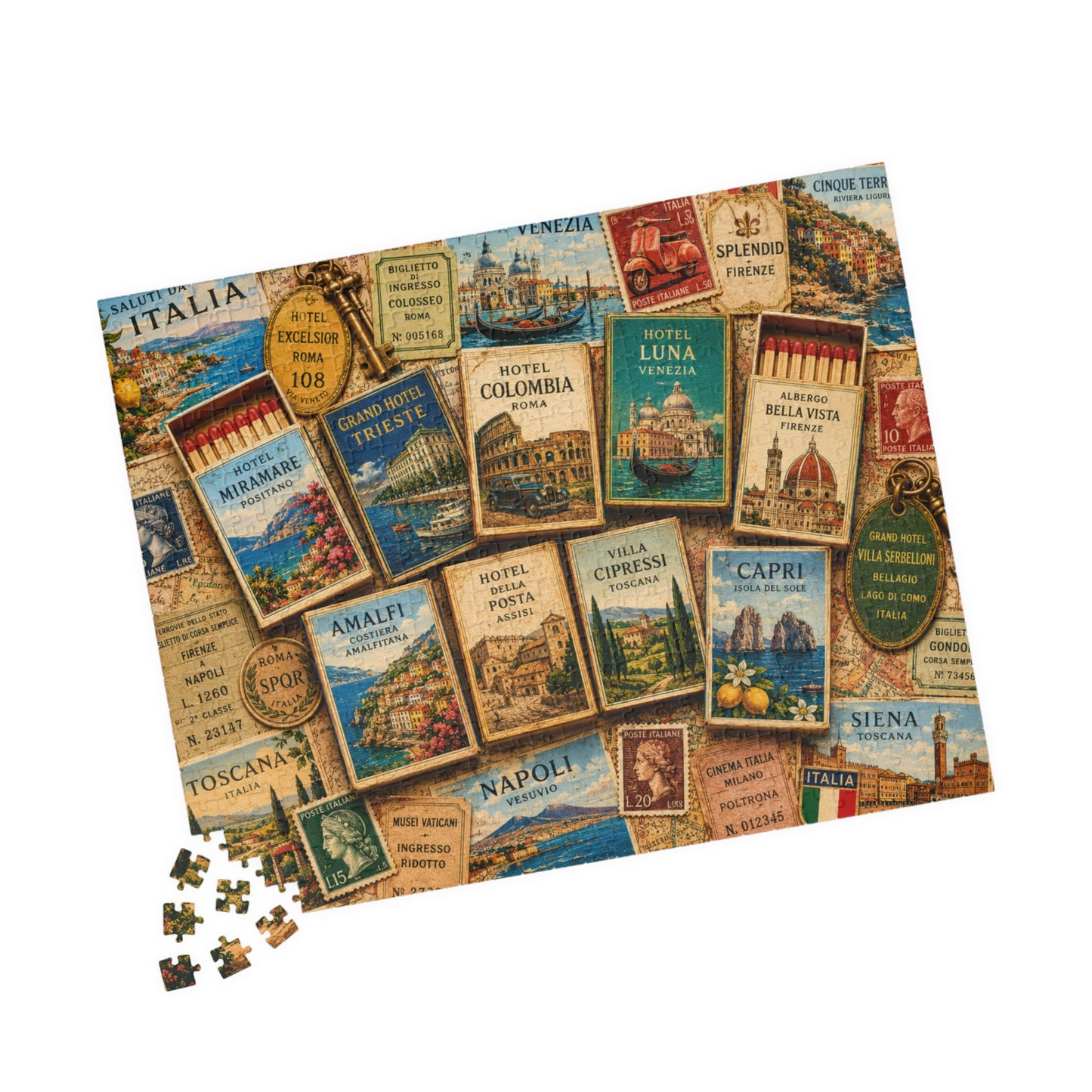Italy Matchbook Puzzle | Italian Travel Memorabilia Jigsaw | Mediterranean Landmark European Vacation Nostalgia 520 pcs (Horizontal) Puzzle The Puzzle Chest