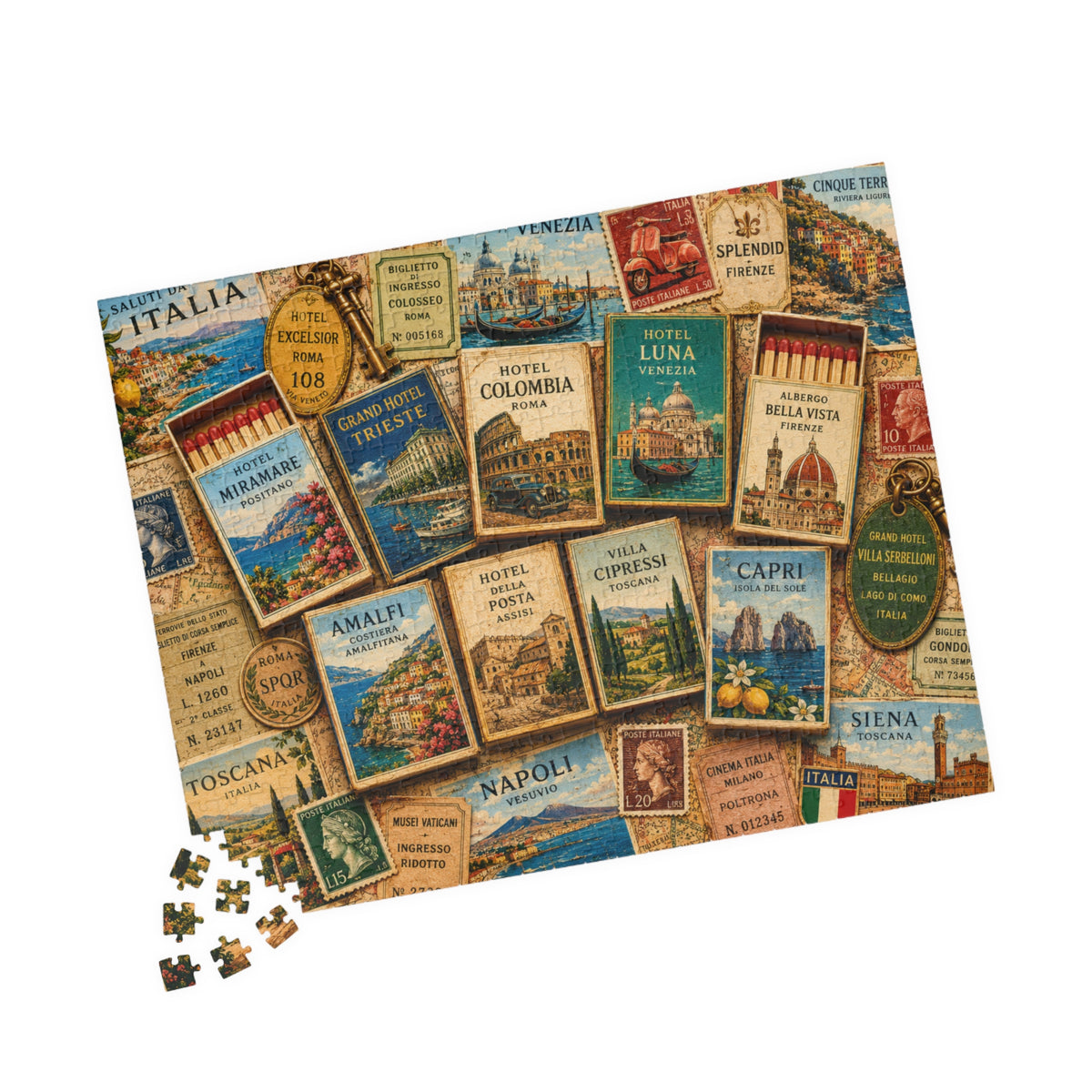 Italy Matchbook Puzzle | Italian Travel Memorabilia Jigsaw | Mediterranean Landmark European Vacation Nostalgia 520 pcs (Horizontal) Puzzle The Puzzle Chest