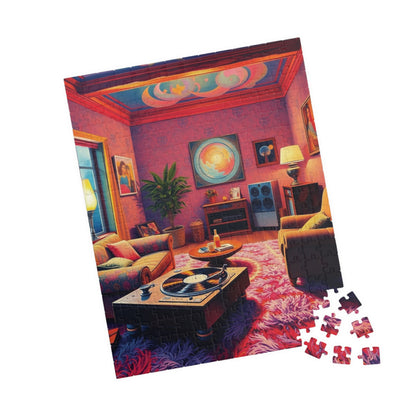1970s Throwback Living Room Jigsaw Puzzle, Nostalgic Design: Turntable Lava Lamp Shag Rug Groovy Wallpaper, Quiet Pastime, Puzzle Lover Gift