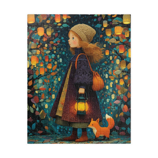 Lantern Path Jigsaw Puzzle – Whimsical Fall Puzzle for Adults, Girl with Fox and Pumpkin Lanterns Puzzle The Puzzle Chest