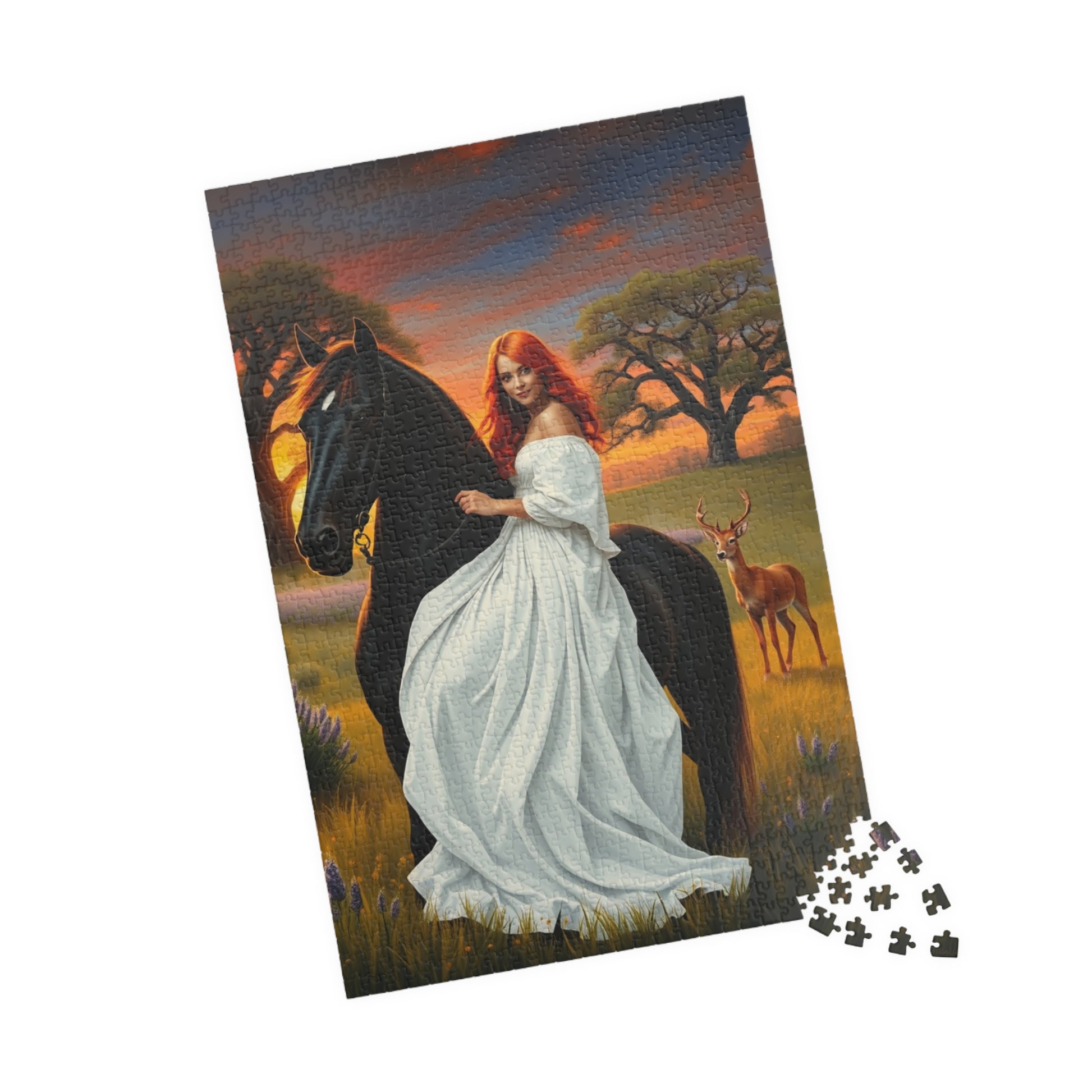 Puzzle, Woman with Vibrant Red Hair and White Flowing Dress Rides a Black Stallion, Jigsaw, Game, Brain Teaser, Activity, Relaxation, Home Puzzle The Puzzle Chest