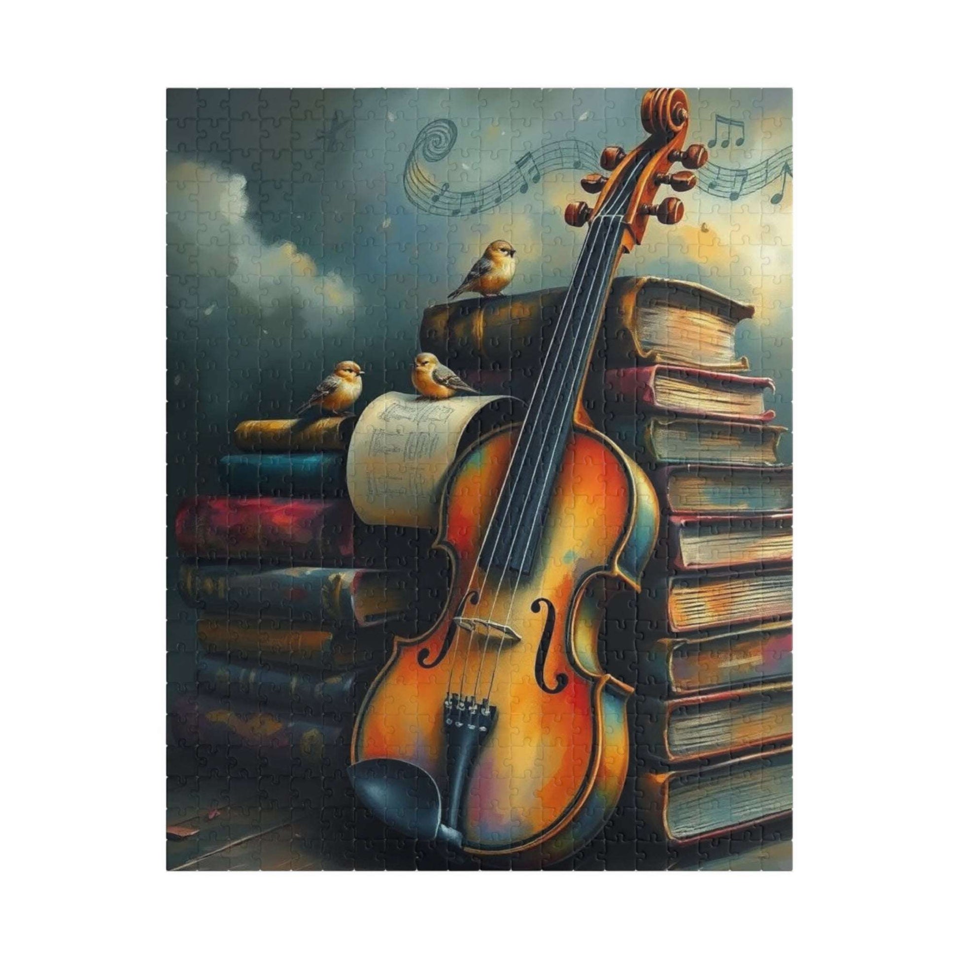 Violin and Storybooks Jigsaw Puzzle with Birds and Music Notes - Gift for Musician, Book Lover, or Teacher, Musical Instrument Puzzle
