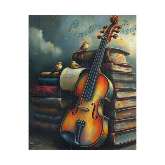 Violin and Storybooks Jigsaw Puzzle with Birds and Music Notes - Gift for Musician, Book Lover, or Teacher, Musical Instrument Puzzle