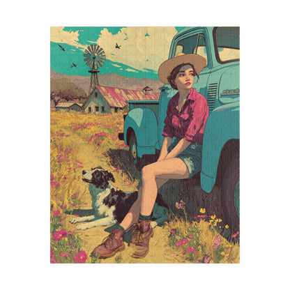 Vintage Farm Life Jigsaw Puzzle – 1950s Girl and Border Collie by Classic Truck, Retro Countryside Puzzle The Puzzle Chest