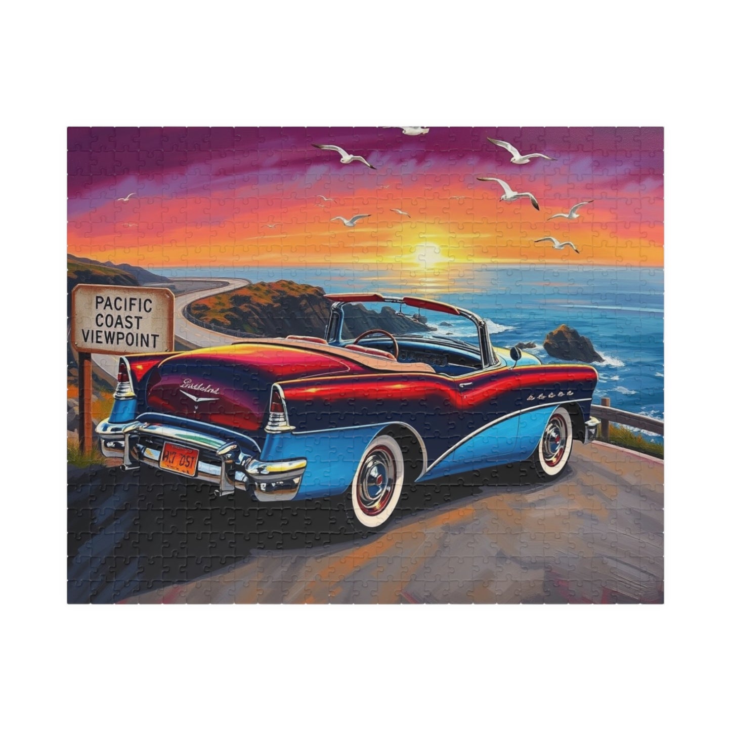 Vintage Car Puzzle, Sky Blue 1953 Buick Skylark Convertible, Classic Vehicle at a Scenic California Overlook, Car Enthusiast Gift for Him 520 pcs (Horizontal) Puzzle The Puzzle Chest