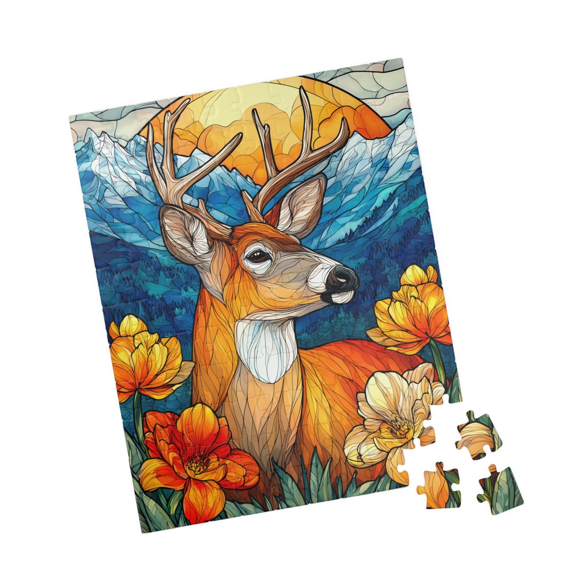Stained Glass Deer Puzzle — Scenic Mountain & Wildflower Jigsaw (110–1014 pcs) 110 pcs (Vertical) Puzzle The Puzzle Chest