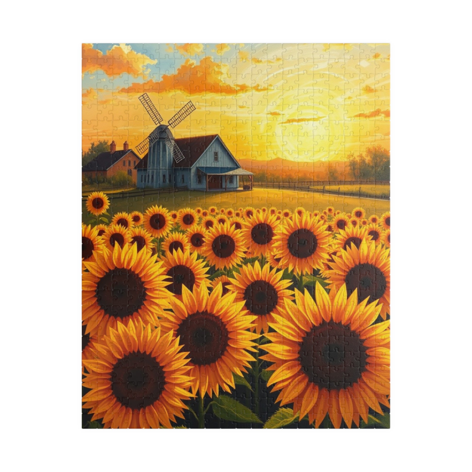 Jigsaw Puzzle, Sunflowers Landscape 110-1014 Piece - Farmhouse Windmill Sunrise, Brain Teaser Game, Family Activity, Home Decor, Gift Idea, 520 pcs (Vertical) Puzzle The Puzzle Chest