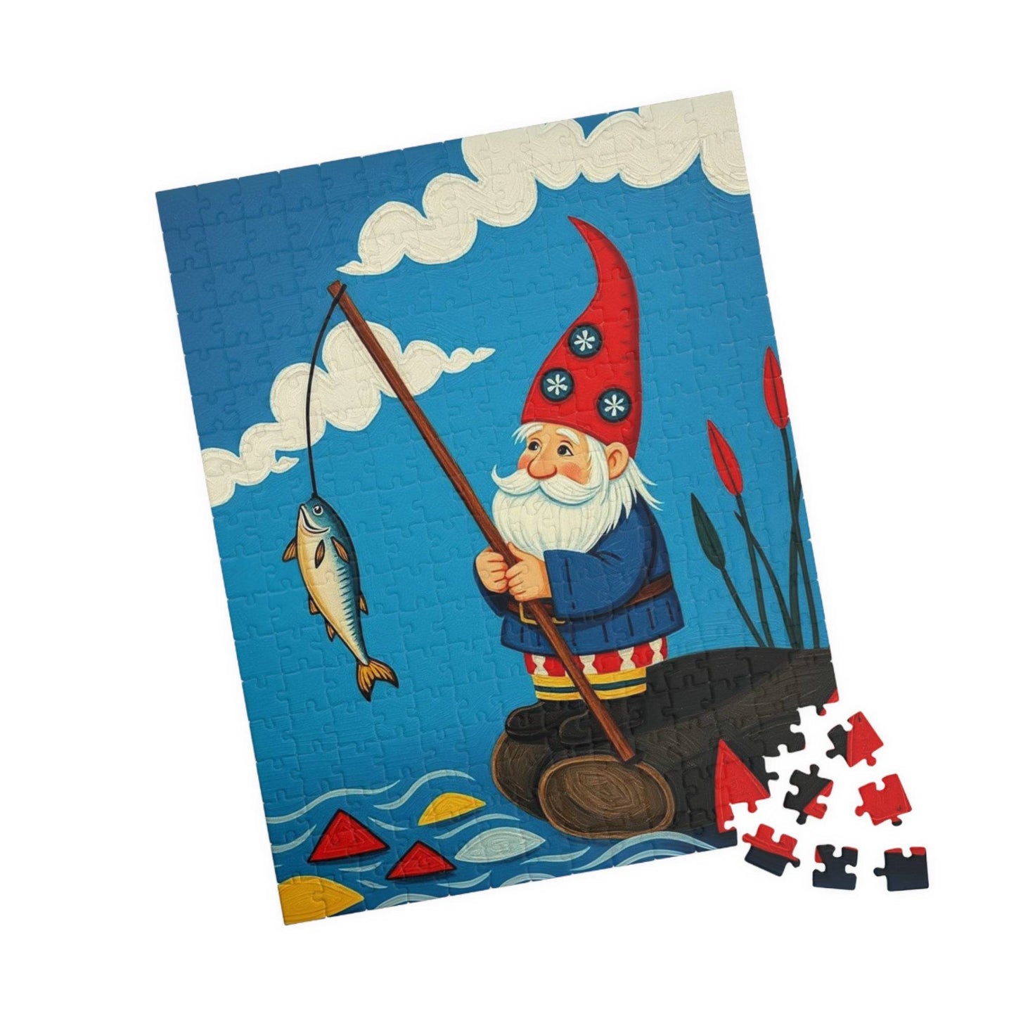 Nordic Gnome Fishing Dockside Jigsaw Puzzle – Scandinavian Folk Art Illustration 252 pcs (Vertical) Puzzle The Puzzle Chest
