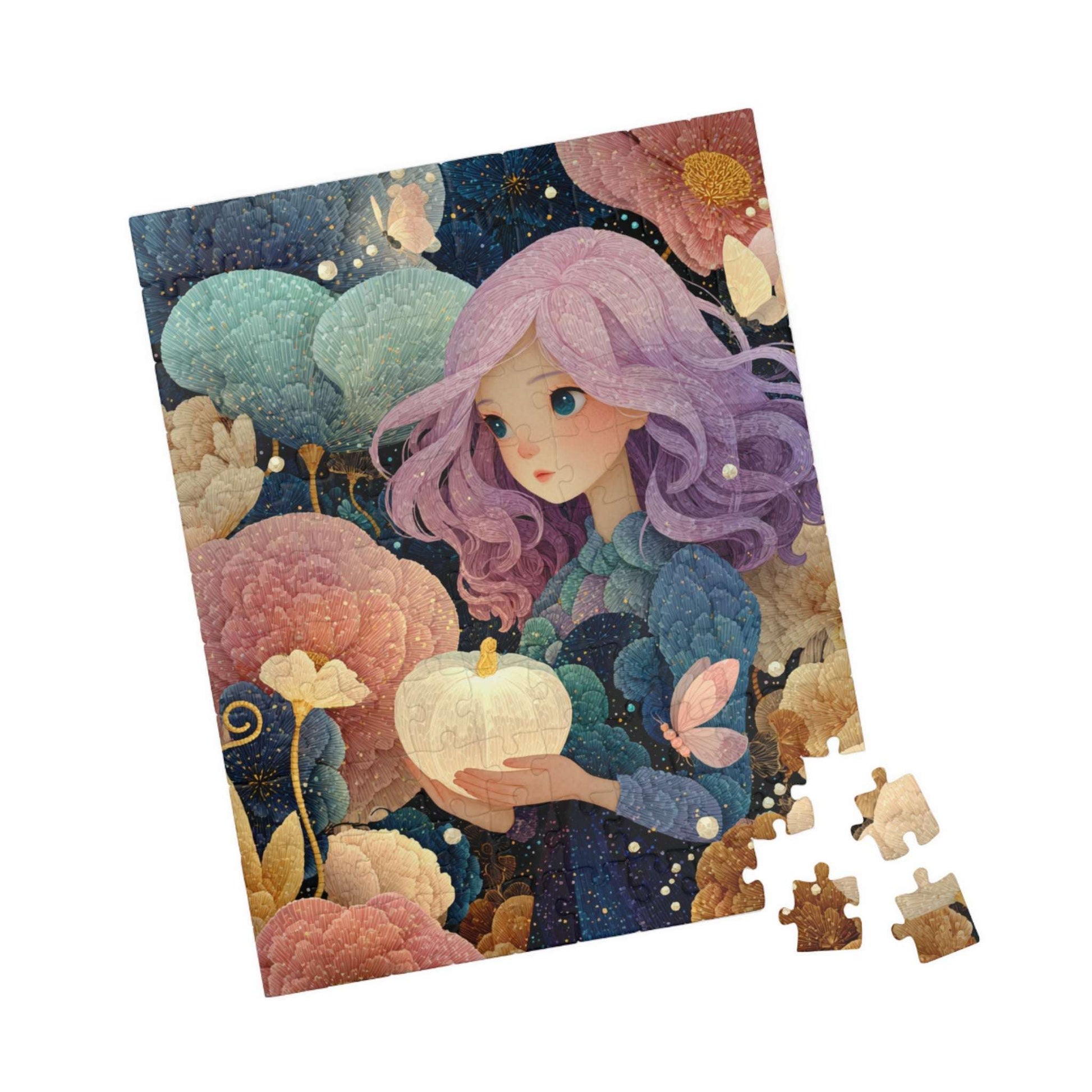 Enchanted Garden Jigsaw Puzzle – Fantasy Girl with Lavender Hair, Magical Pumpkins, Autumn Scene 110 pcs (Vertical) Puzzle The Puzzle Chest