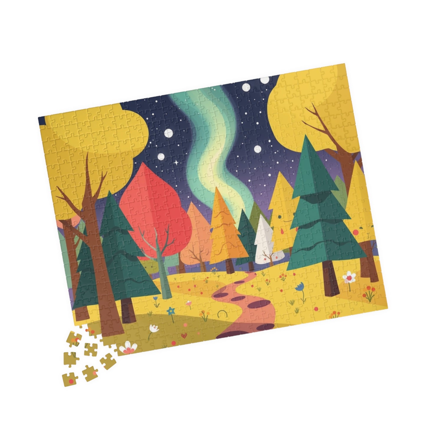 Magical Forest Landscape Jigsaw Puzzle - Abstract Geometric Trees in Bold Bright Colors Puzzle The Puzzle Chest