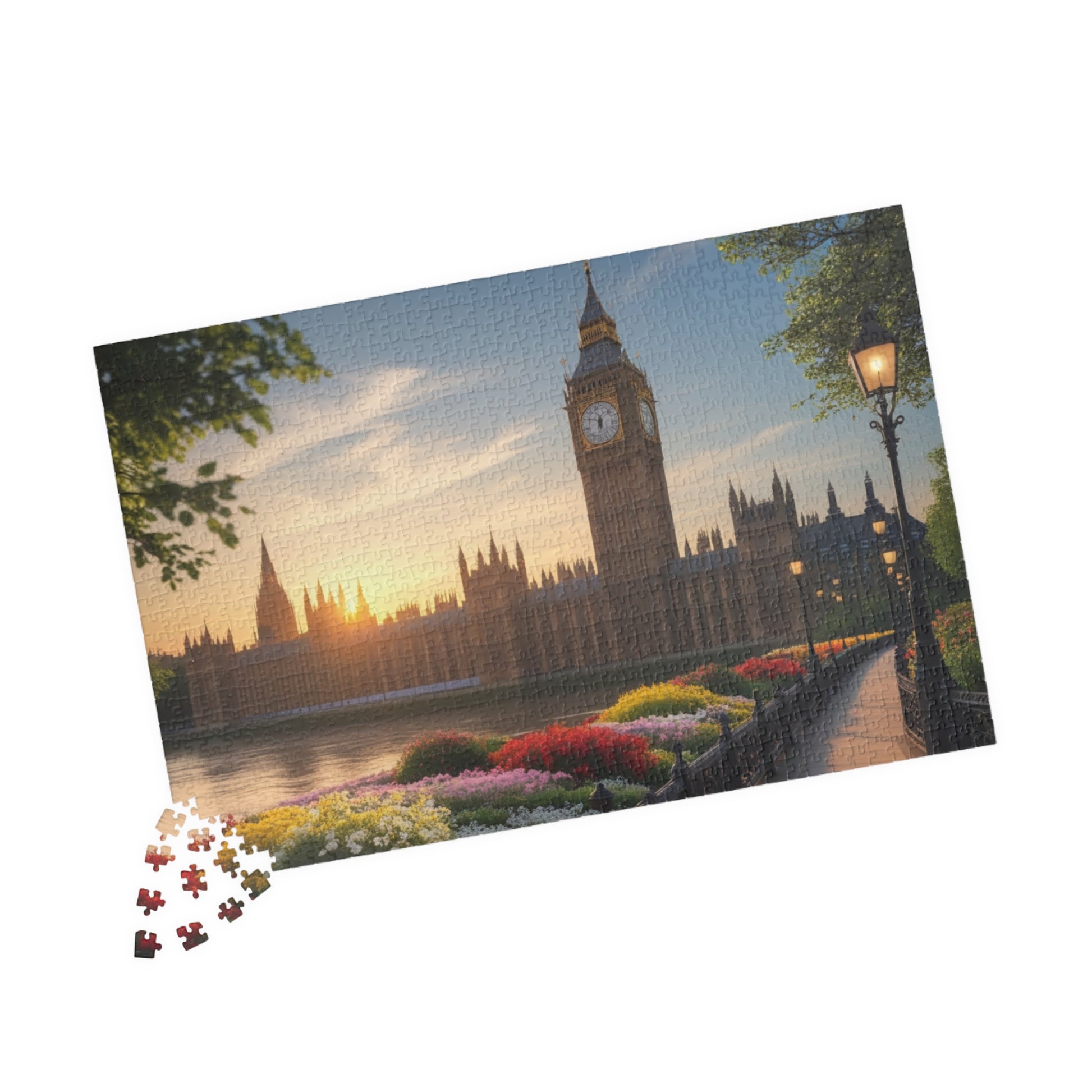 London Big Ben (Elizabeth Tower) Jigsaw Puzzle, Flowers Sunrise View Thames River, Puzzle Enthusiast Cityscape Lover Gift, Family Activity Puzzle The Puzzle Chest