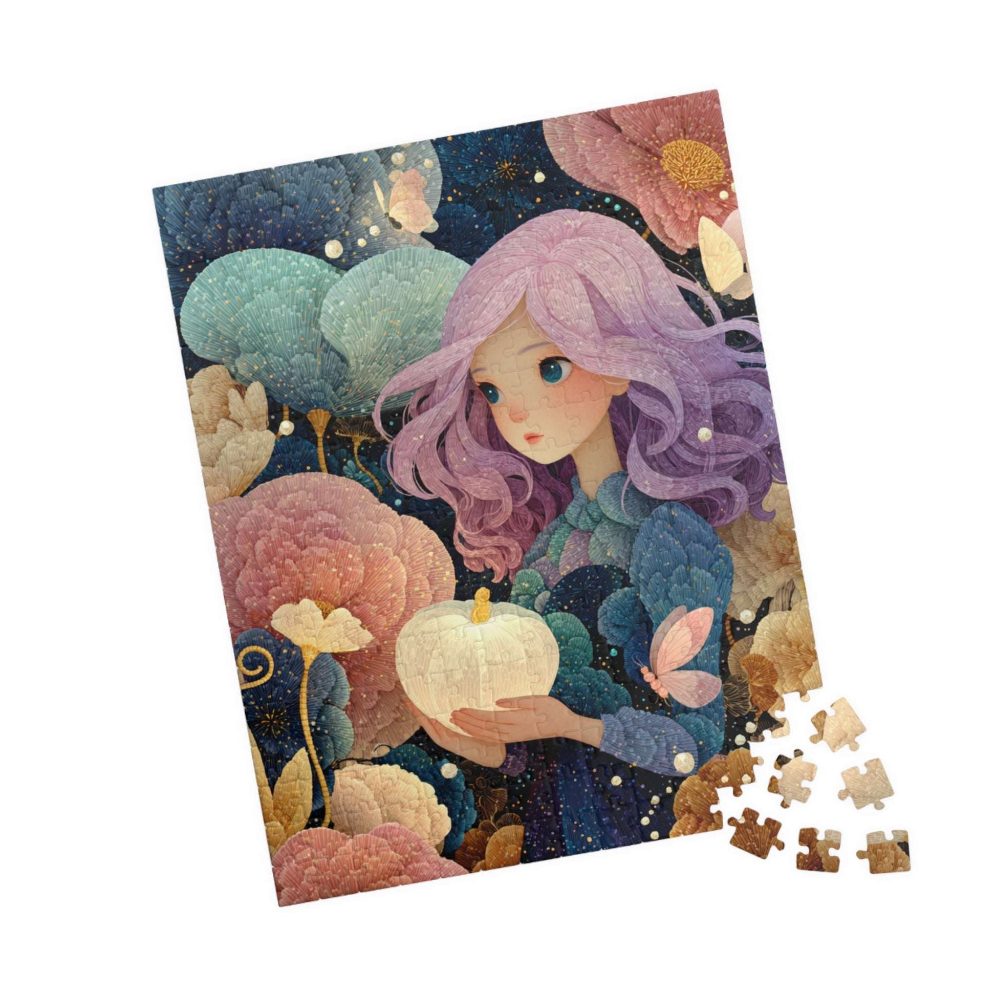 Enchanted Garden Jigsaw Puzzle – Fantasy Girl with Lavender Hair, Magical Pumpkins, Autumn Scene 252 pcs (Vertical) Puzzle The Puzzle Chest