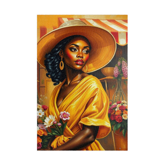 Colorful African American Puzzle Art - Beautiful Black Woman in Yellow Dress, 110-1014 pieces, Gift for Art Lovers, Home Decor, Puzzle Night