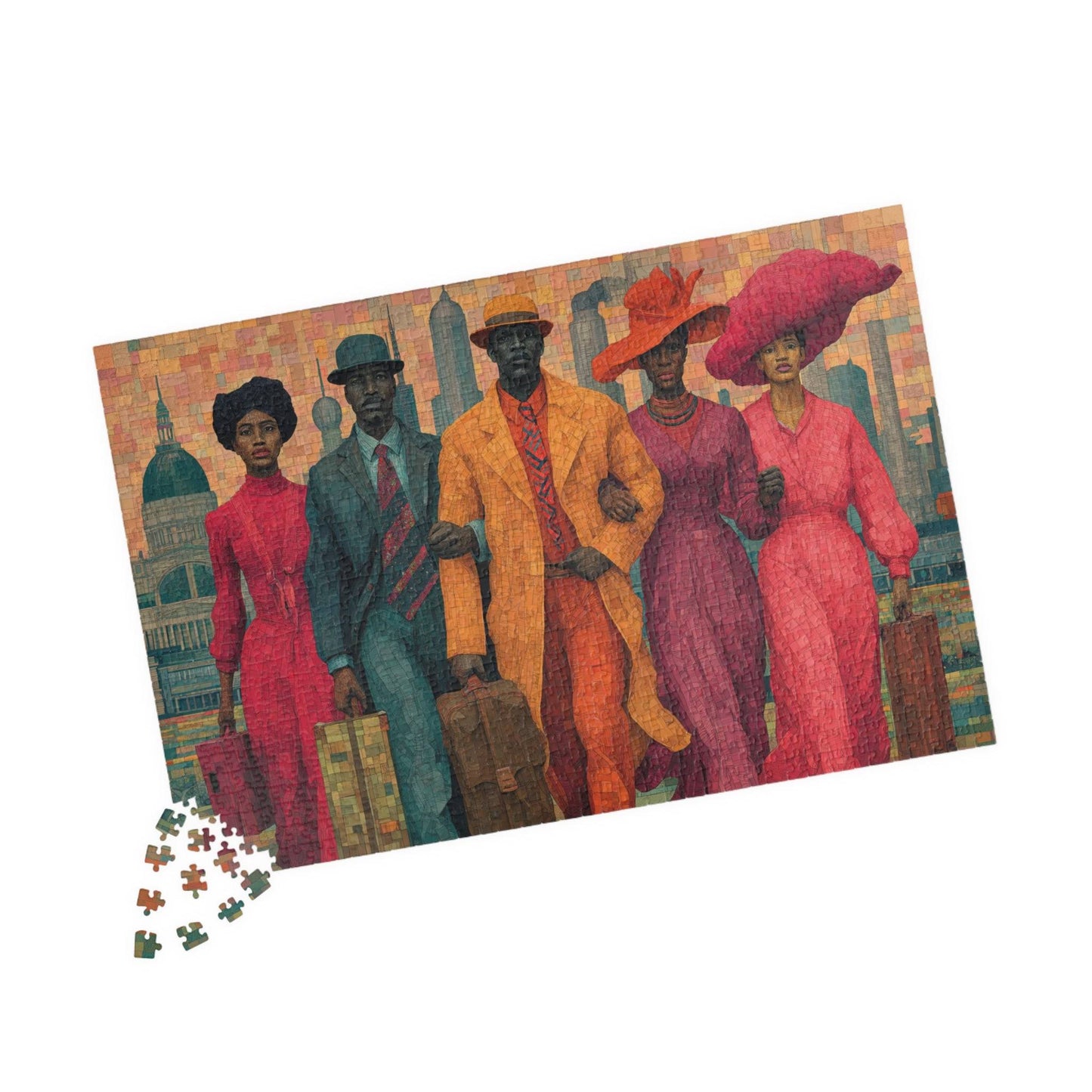 Afrocentric Black Art Puzzle - Migration, Family Strength & City Landscape Scene, Vintage Art for Puzzle Lover 1014 pcs (Horizontal) Puzzle The Puzzle Chest