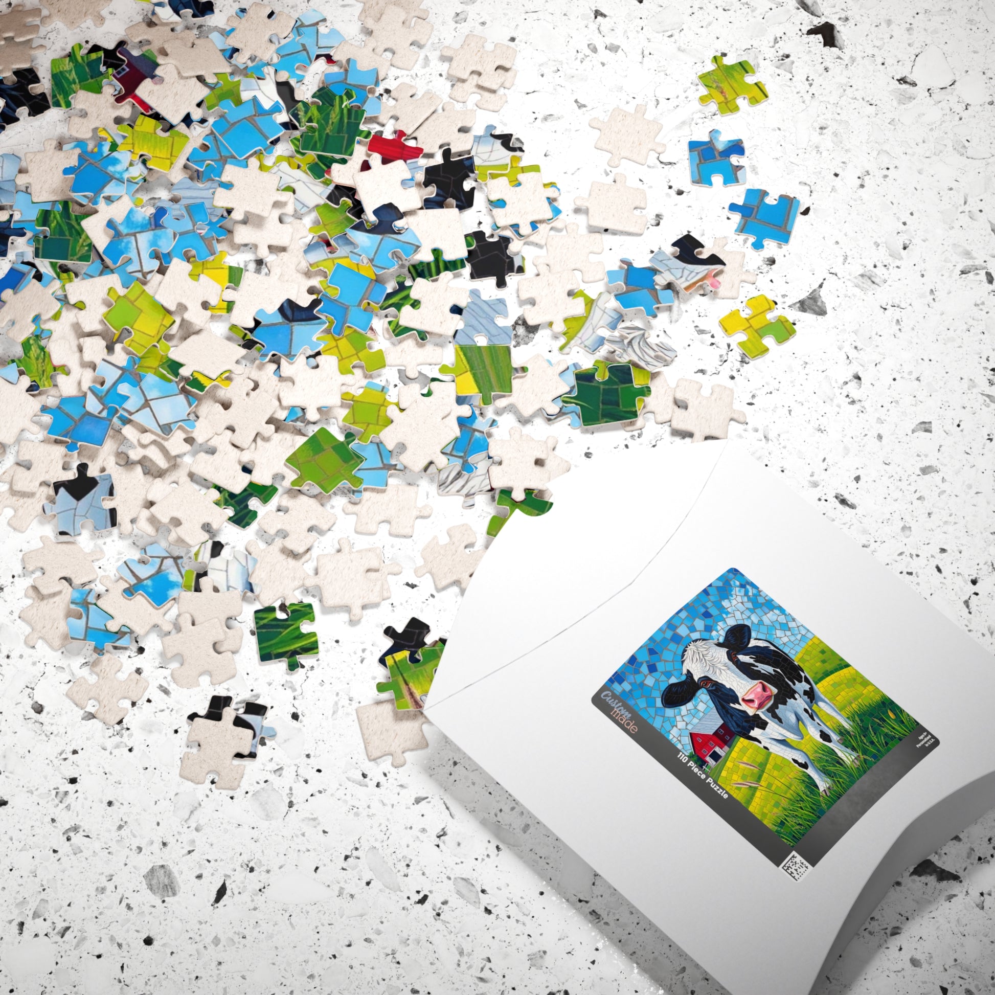 Mosaic Art Cow Jigsaw Puzzle, Peaceful Rural Landscape, Black and White Cow in a Farm Pasture with Red Barn and Blue-Sky Tabletop Game, Gift Puzzle The Puzzle Chest