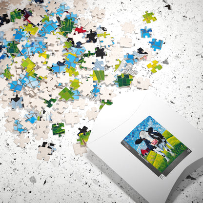 Mosaic Art Cow Jigsaw Puzzle, Peaceful Rural Landscape, Black and White Cow in a Farm Pasture with Red Barn and Blue-Sky Tabletop Game, Gift Puzzle The Puzzle Chest