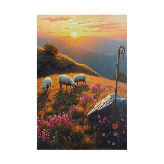 Peaceful Pastoral Sunset Puzzle, Religious Themed Jigsaw Game, Nature-Inspired Serene Landscape with Sheep Grazing on a Wildflower Hill