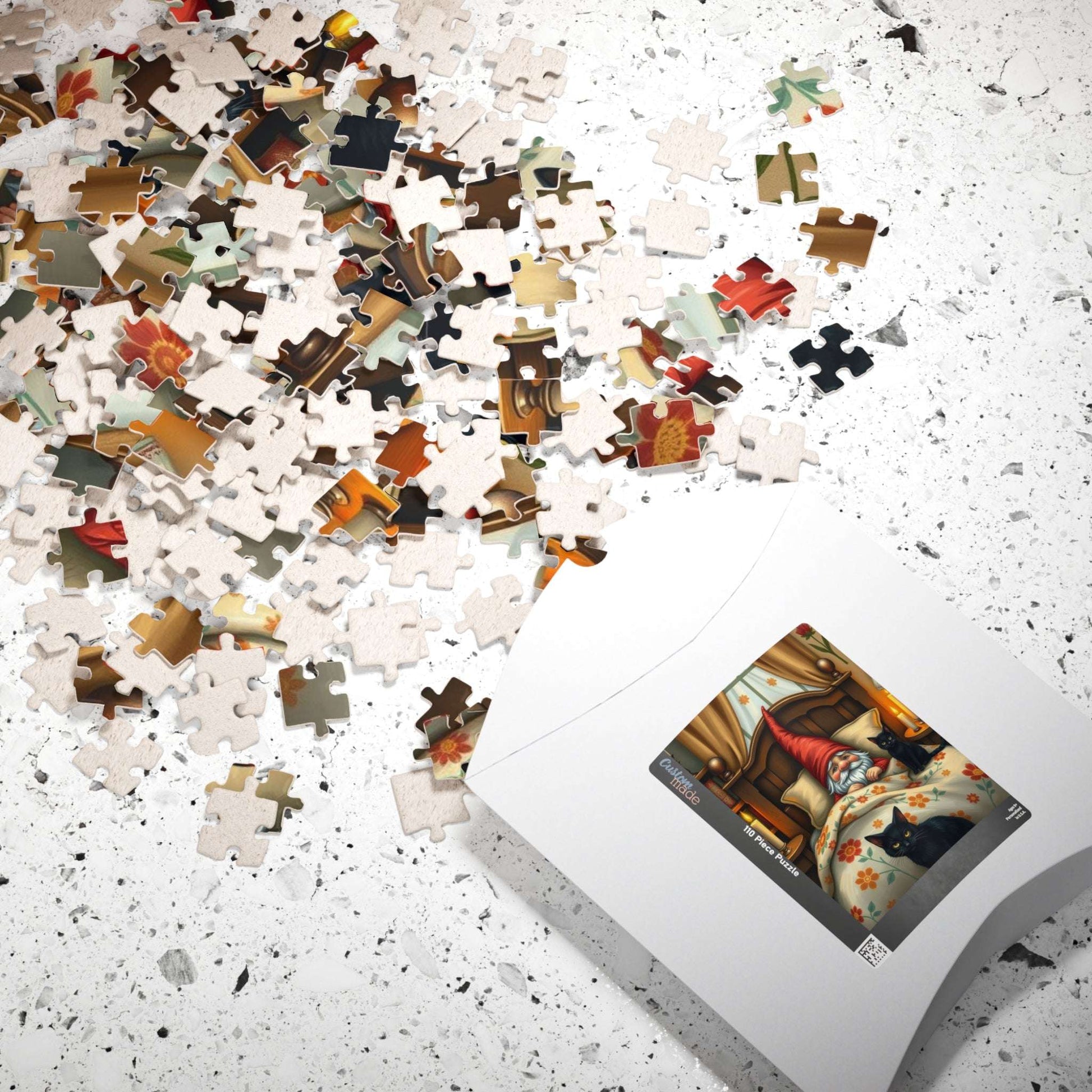 Gnome Sleeping in Cottage Bed with Cats – Folk Art Nighttime Jigsaw Puzzle Puzzle The Puzzle Chest