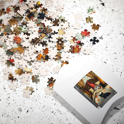 Gnome Sleeping in Cottage Bed with Cats – Folk Art Nighttime Jigsaw Puzzle Puzzle The Puzzle Chest