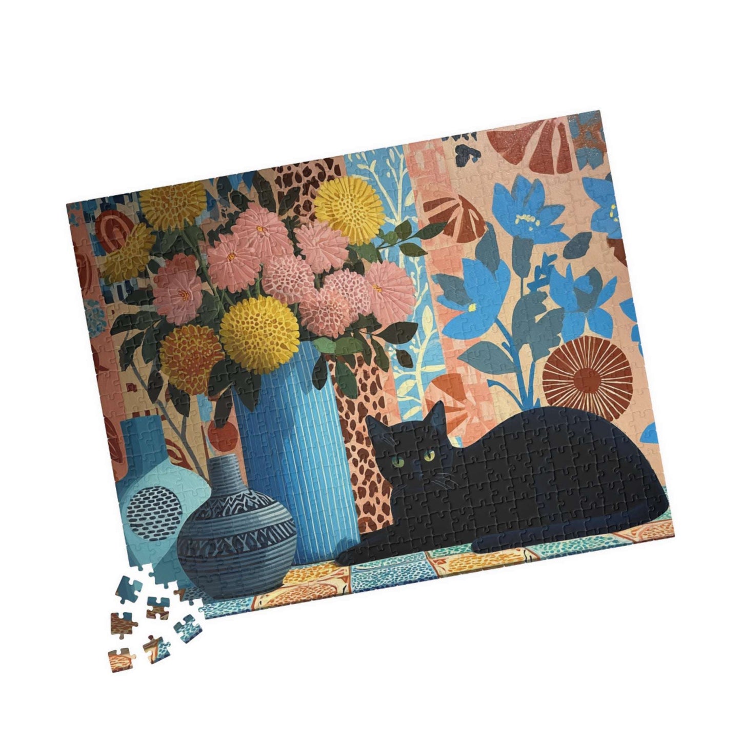 Cat with Blue Vase – Matisse-Inspired Fauvist Kitten Jigsaw Puzzle, Animal Theme Floral Cat Art Puzzle 520 pcs (Horizontal) Puzzle The Puzzle Chest