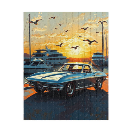 Classic Car Sunset Puzzle, 1963 Corvette Stingray Vintage Car Jigsaw, Family Game Night Gift for Car Lover Mindfulness Activity Brain Teaser 252 pcs (Vertical) Puzzle The Puzzle Chest