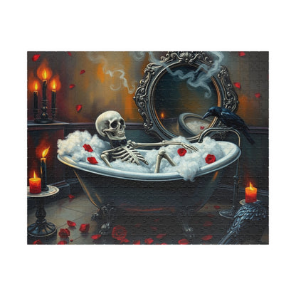 Creepy Cute Skeleton Bubblebath Puzzle, Skeleton Relaxing in Clawfoot Tub with Raven and Roses, Halloween Jigsaw for Spooky Puzzle Lovers 520 pcs (Horizontal) Puzzle The Puzzle Chest