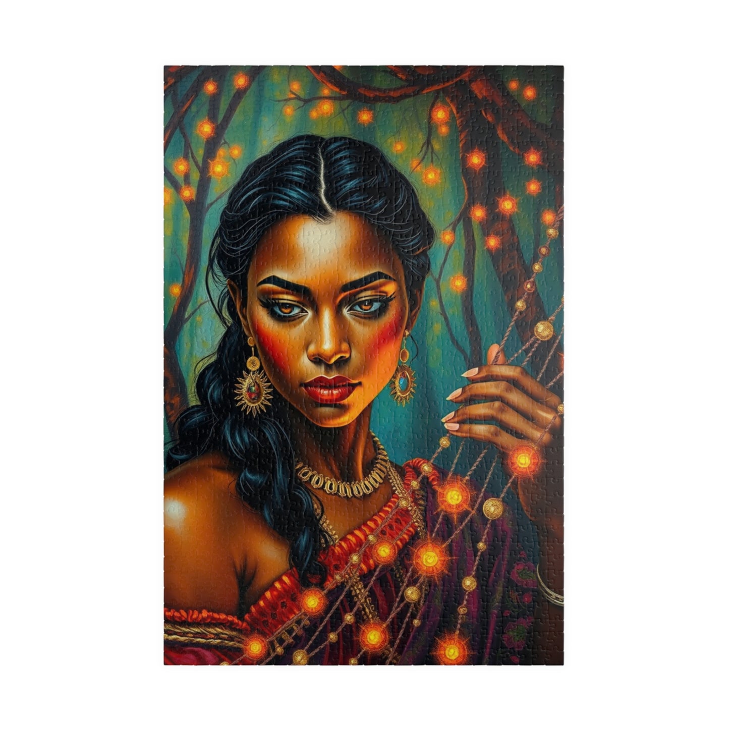 Indigenous Woman Portrait Puzzle, Beautiful Bioluminescent Forest Scene, Family Friendly Mindful Jigsaw Game, Challenge for Puzzle Lover 1014 pcs (Vertical) Puzzle The Puzzle Chest
