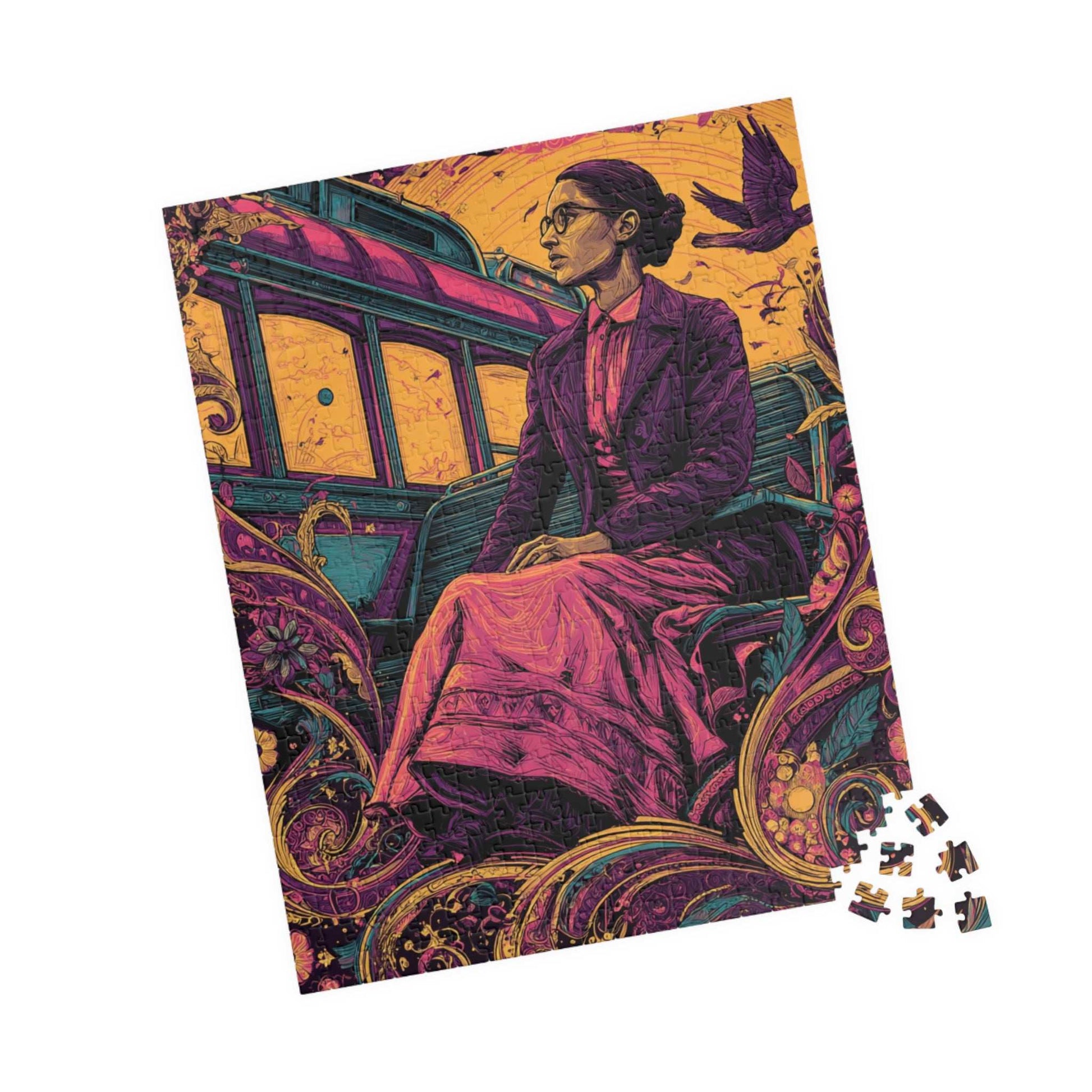 Rosa Parks Afrocentric Jigsaw Puzzle - Civil Rights Historical Black Figure Art with Ornate Floral Motifs and Bus Scene, Black Woman Art 520 pcs (Vertical) Puzzle The Puzzle Chest