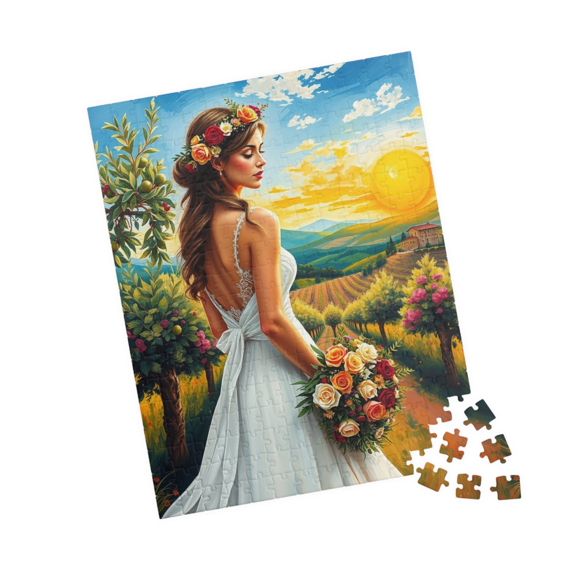 Romantic Italian Bride Jigsaw Puzzle, White Gown Floral Crown Rose Bouquet, Tuscan Wine Vineyard Romantic Wedding, Unique Puzzle Lover Gift Puzzle The Puzzle Chest